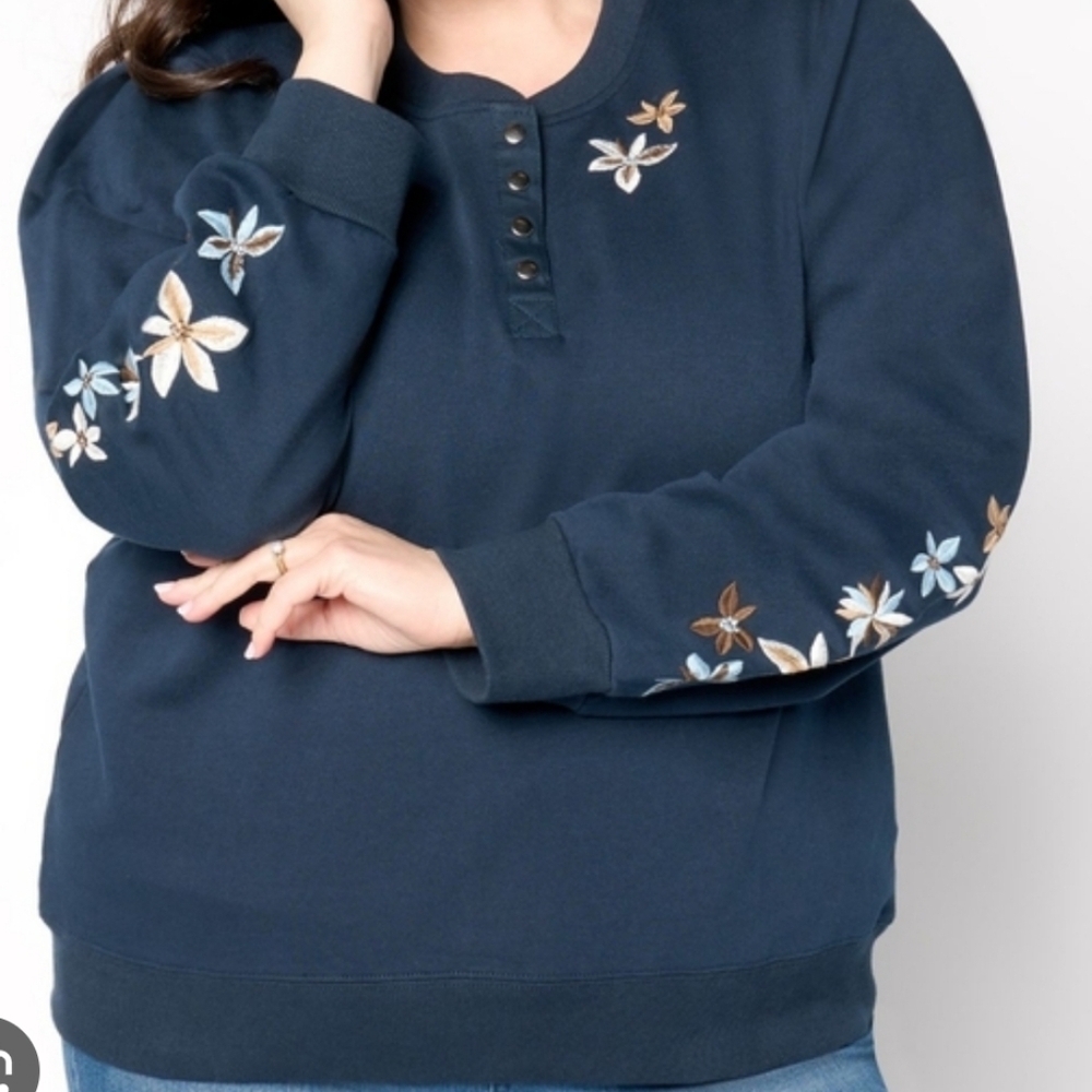 DRIFTWOOD Navy Blue Sweatshirt Floral Embroidery Henley Pullover Sz 2X